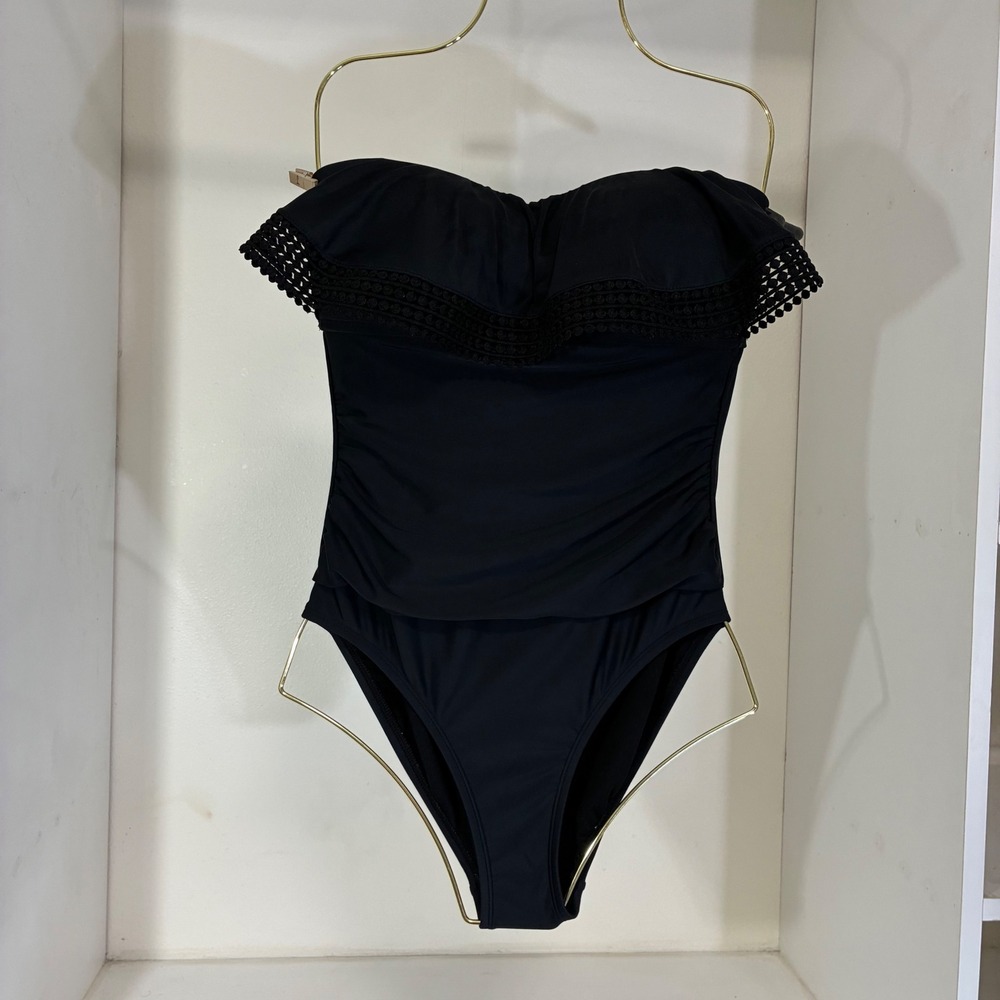 Kona Sol Womens Black Strapless Ruched‎ Crochet Trim One Piece Swimsuit Size M